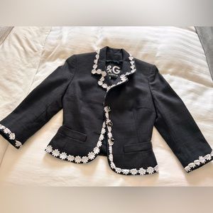 Short Navy Blue Blazer with White Floral Trim